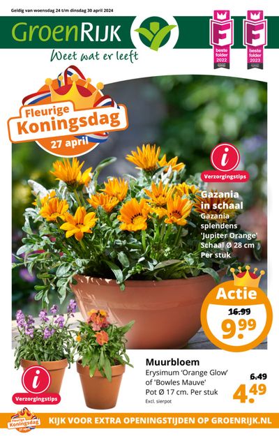 Aanbiedingen van Bouwmarkt & Tuin in Nootdorp | Fleurige Koningsdag bij GroenRijk | 24-4-2024 - 8-5-2024