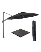 Aanbieding van Hawaii zweefparasol Ø350 cm carbon black / zwart met 90kg black polished parasolvoet en parasolhoes voor 668€ bij Tuinmeubelland