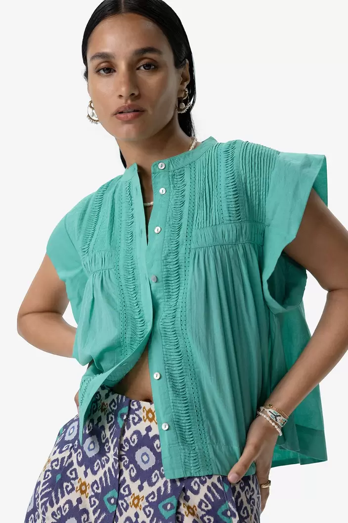 Aanbieding van Turquoise mouwloze blouse met pintuck details voor 41,99€ bij Sissy-Boy