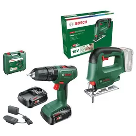 Aanbieding van Bosch accuboormachine met klopfunctie + decoupeerzaag toolkit 18V (2 accu’s) voor 149€ bij Praxis