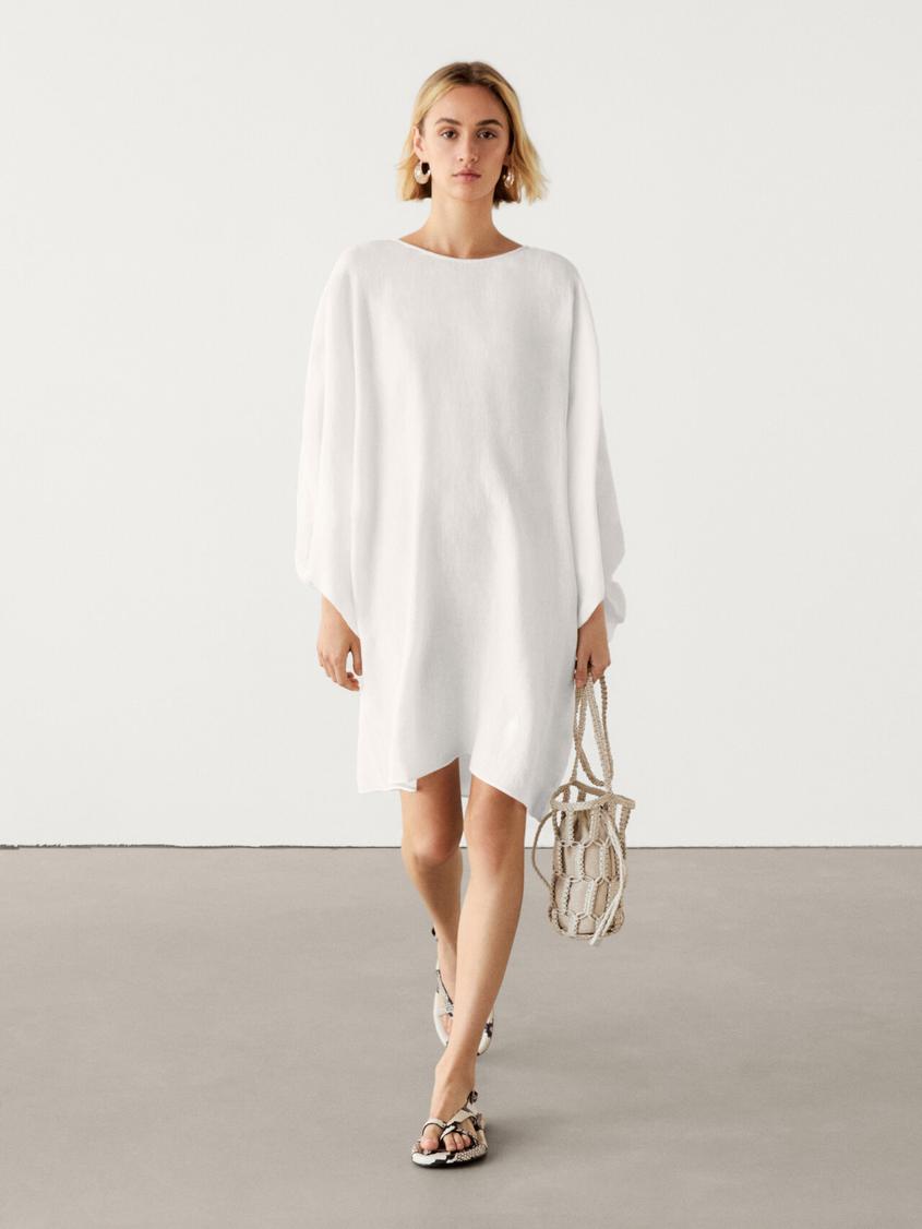 Aanbieding van Korte jurk met pofmouw van linnenmix voor 99,95€ bij Massimo Dutti